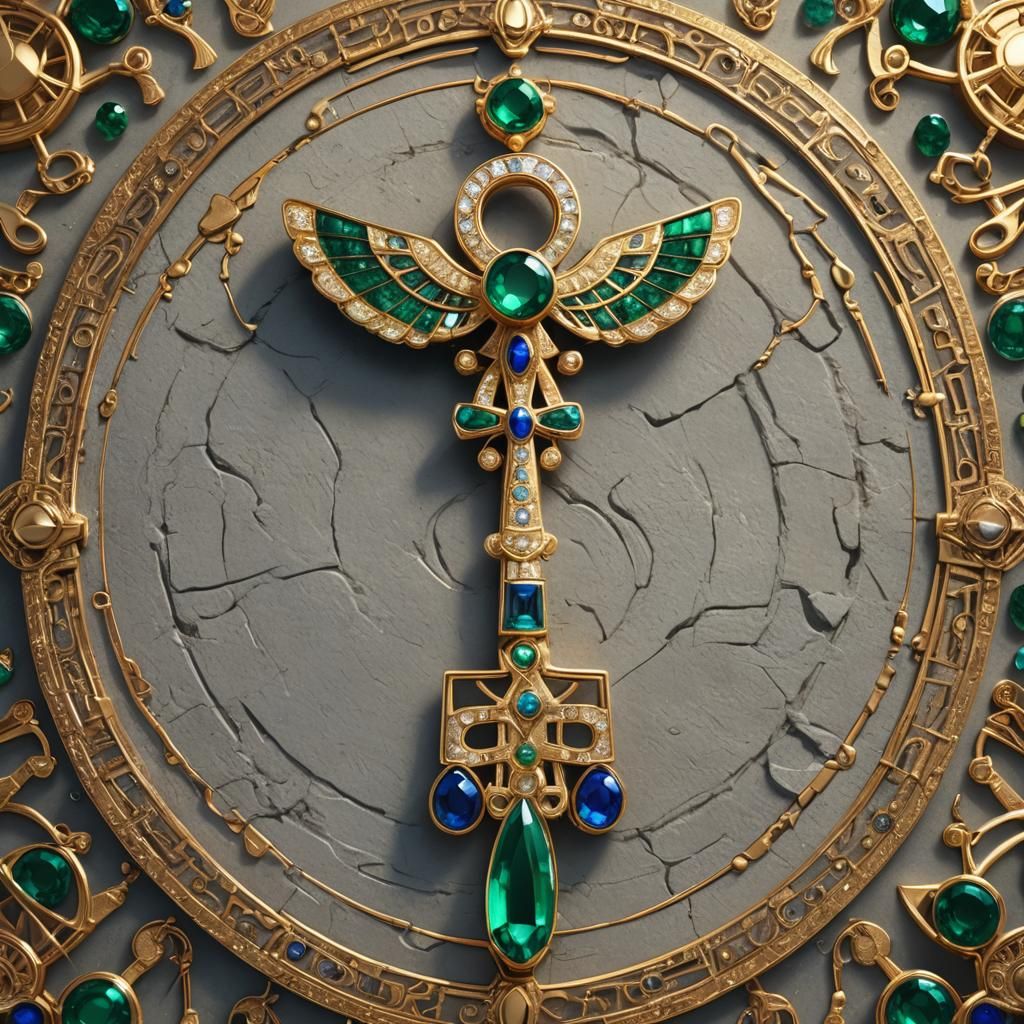 Golden Ankh Brooch with Emeralds and Sapphires