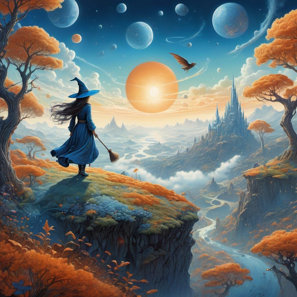 Whimsical Fantasy Landscape with a Flying Witch