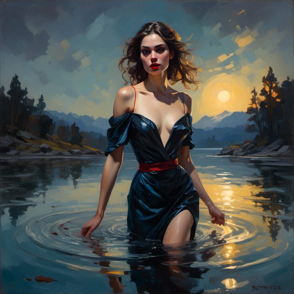 Vampire Emerges from Moonlit Lake: Hyperrealistic Splash Art