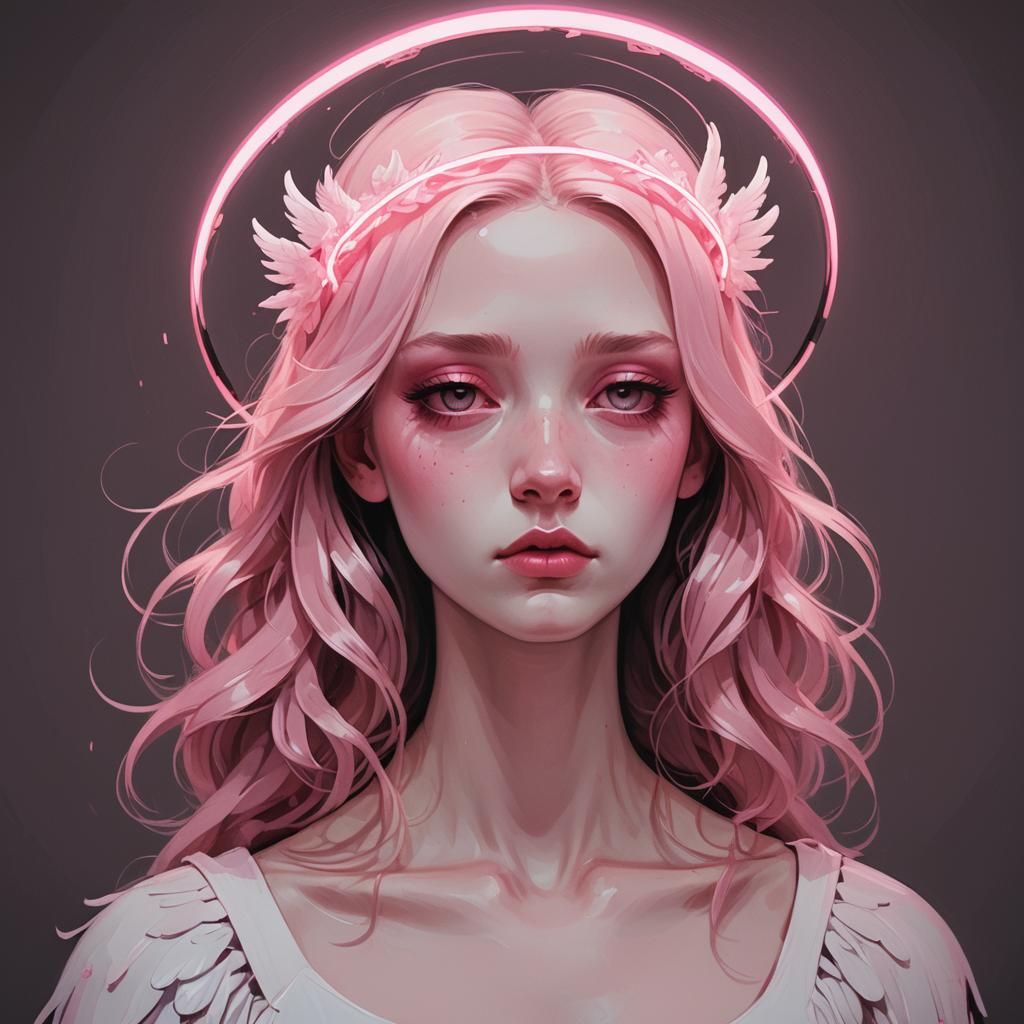 Girl with Pink Halo in Neon Realism Style