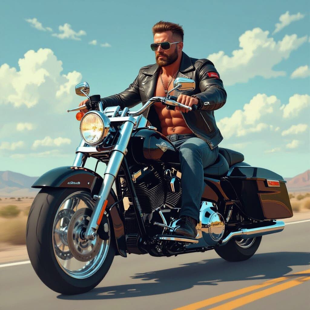 Hyperrealistic Muscular Man on Harley Davidson Road Glide