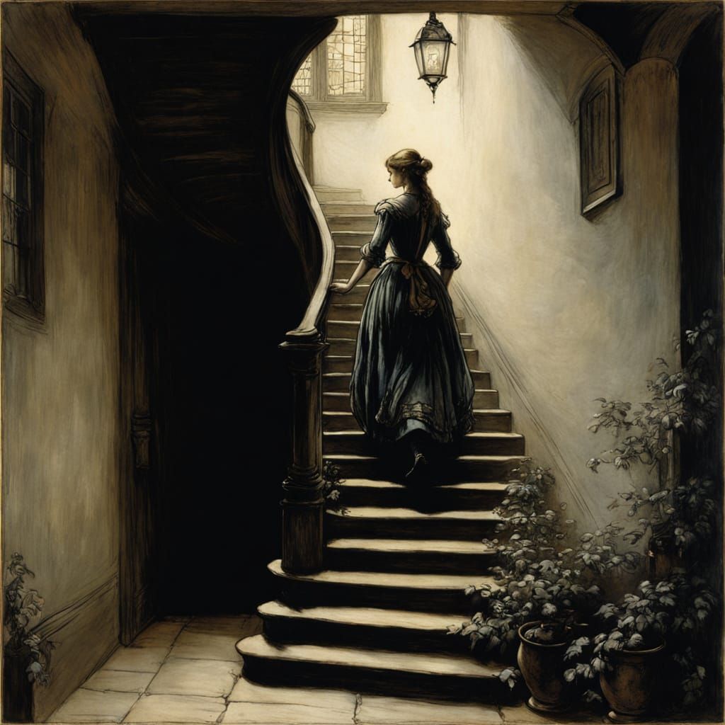 Girl in Whimsical Fairytale Setting, Chiaroscuro Style