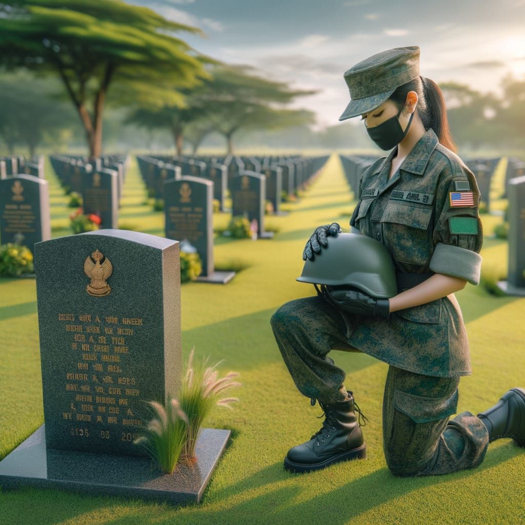 Solemn Soldier Honors Fallen Comrade in Graveyard