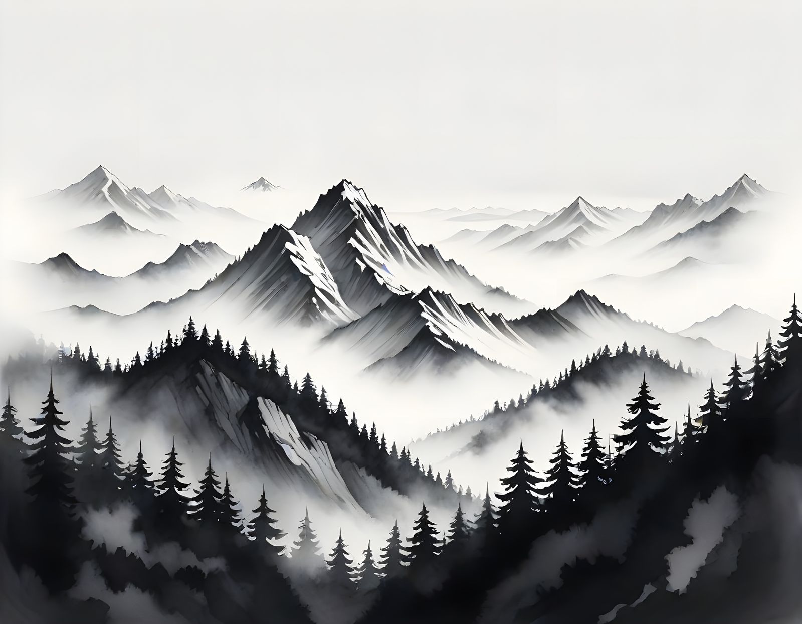 Mountain Ridge Enshrouded in Fog, in Anime-Inspired Line Dra...