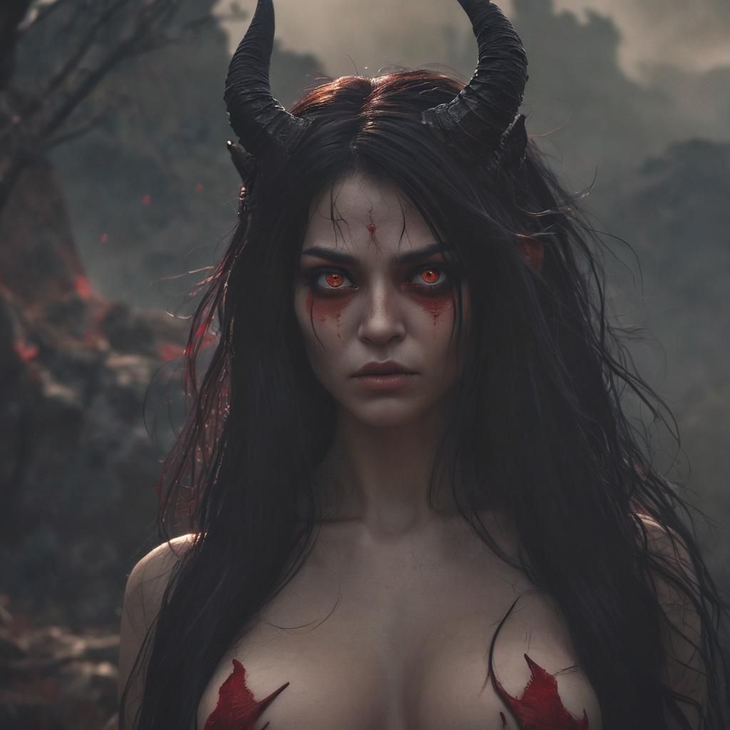 Demon Woman with Red Eyes in Dark Fantasy Art