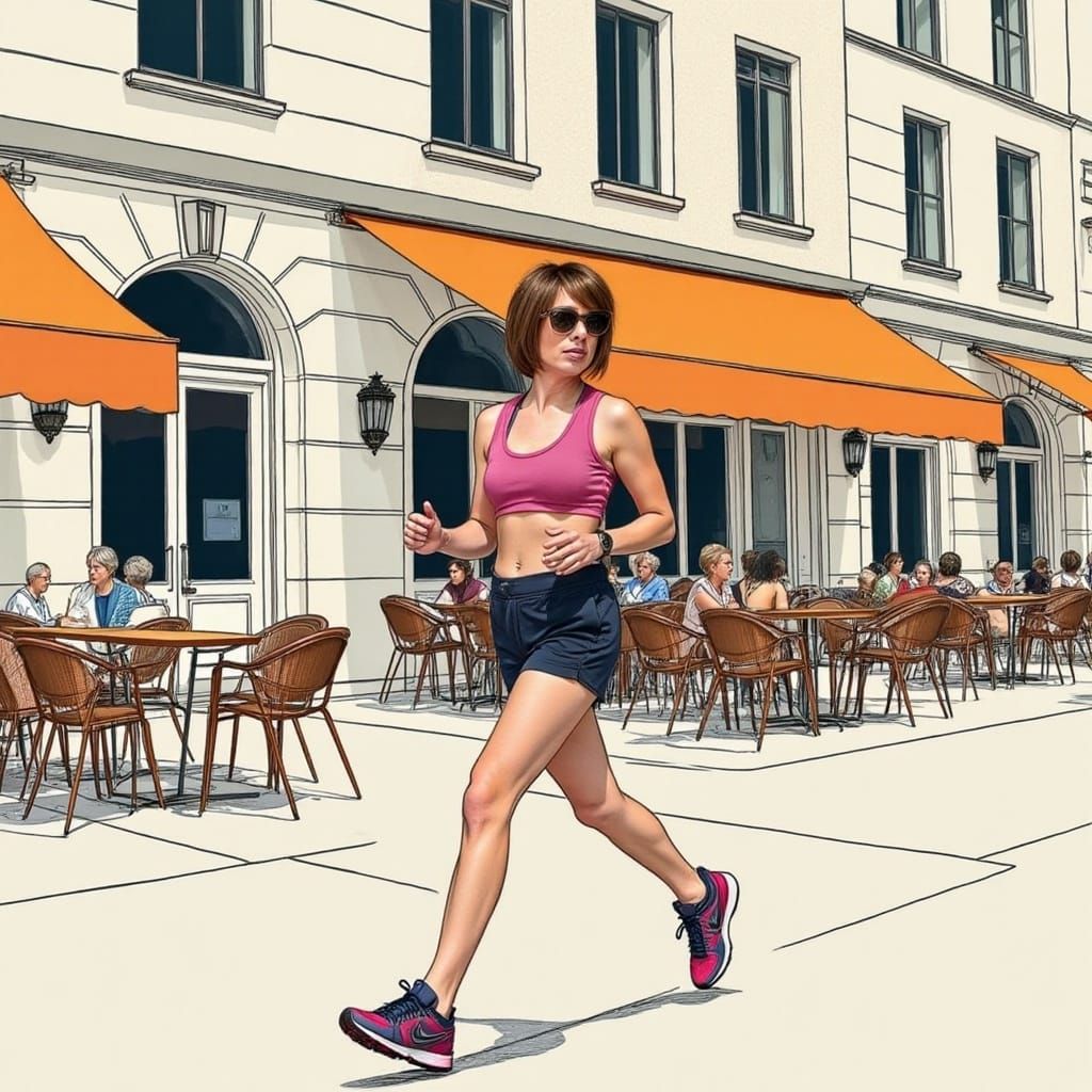 Woman Running Past Cafe in Hockney Style