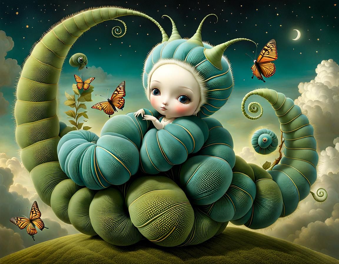 Caterpillars Climb Clouds in Surrealist Style