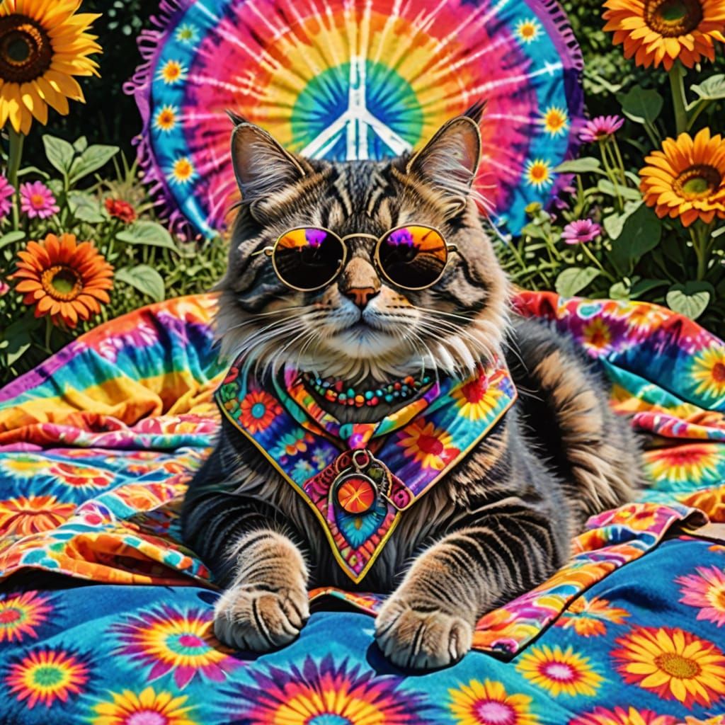 Groovy Hippie Cat Lounging in Psychedelic Garden