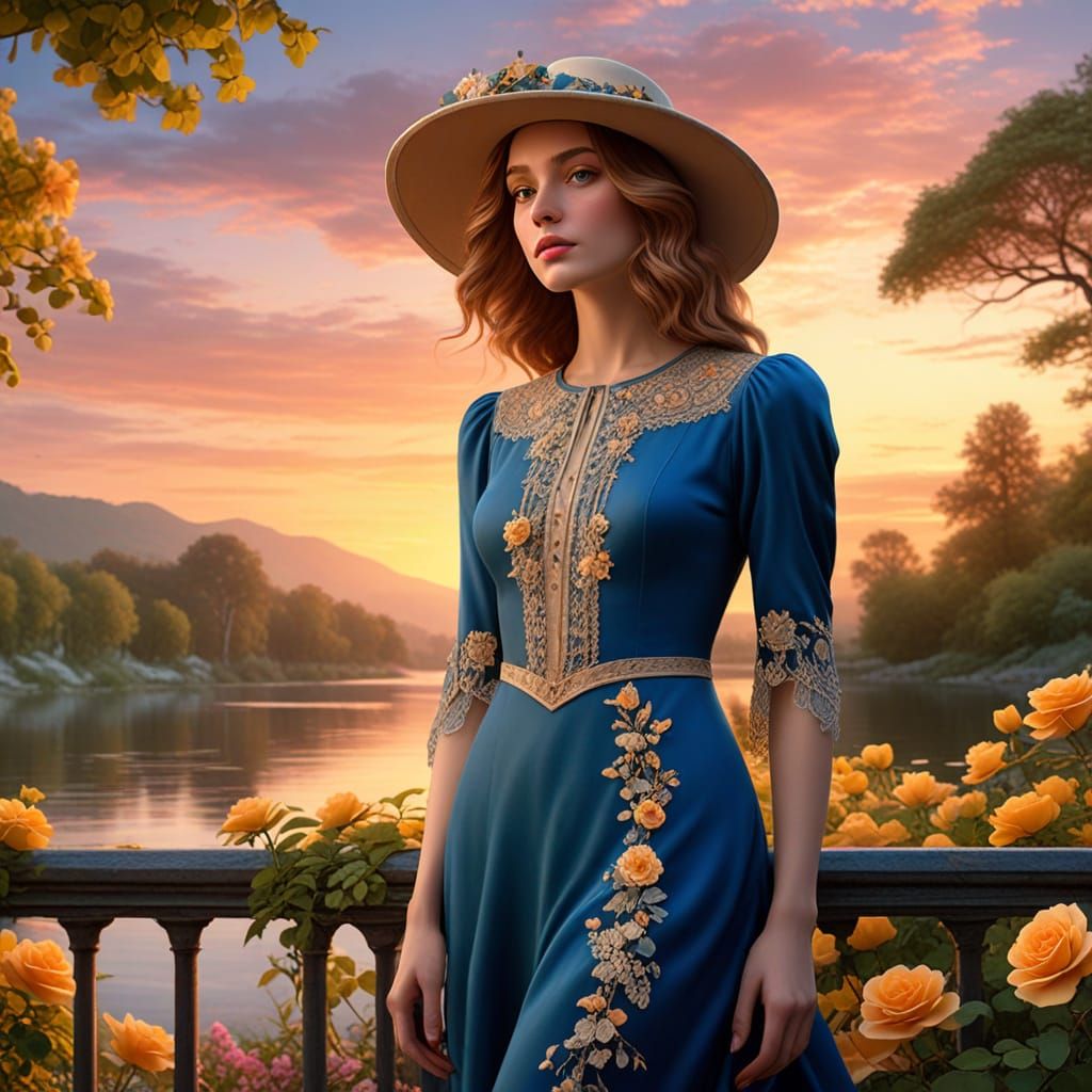 Art Nouveau Woman in Blue Gown with Roses and River Landscap...