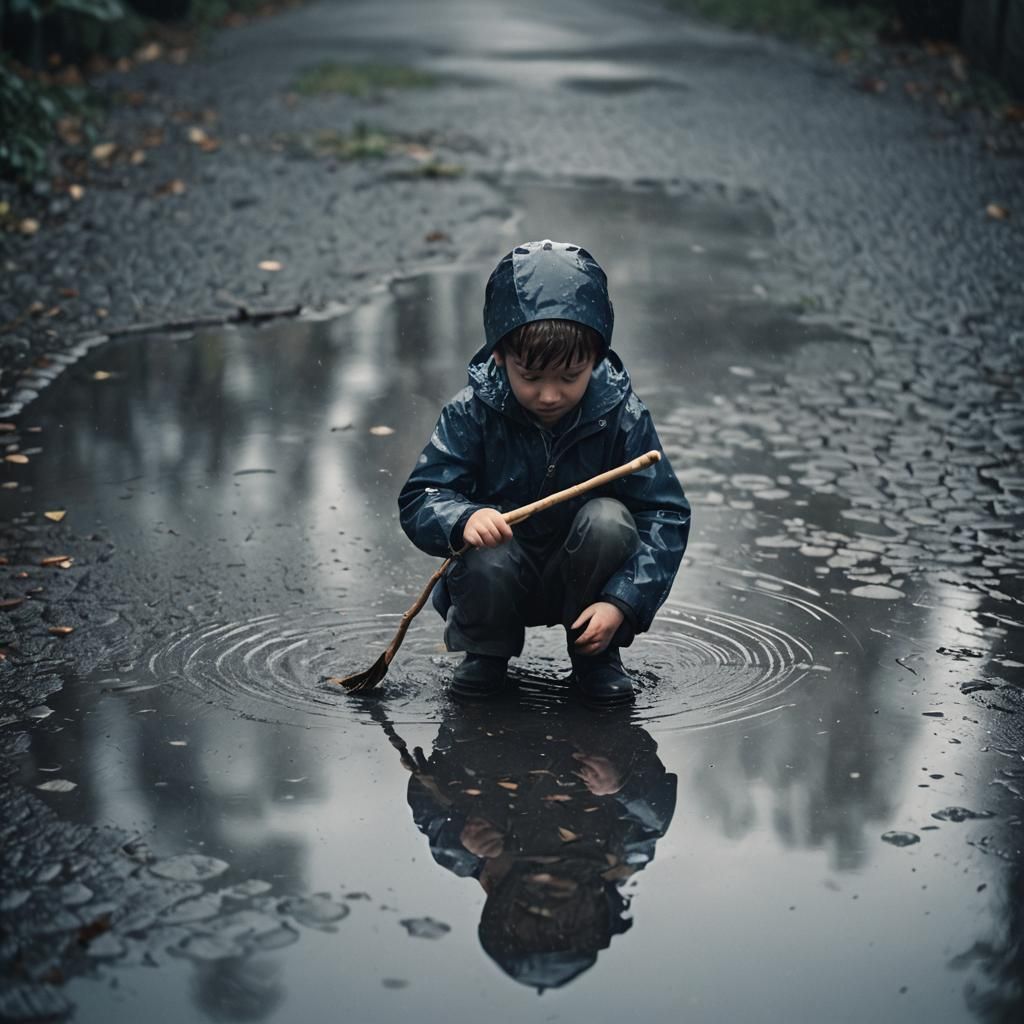 Boy Reaches for Leaf in Rainy Puddle