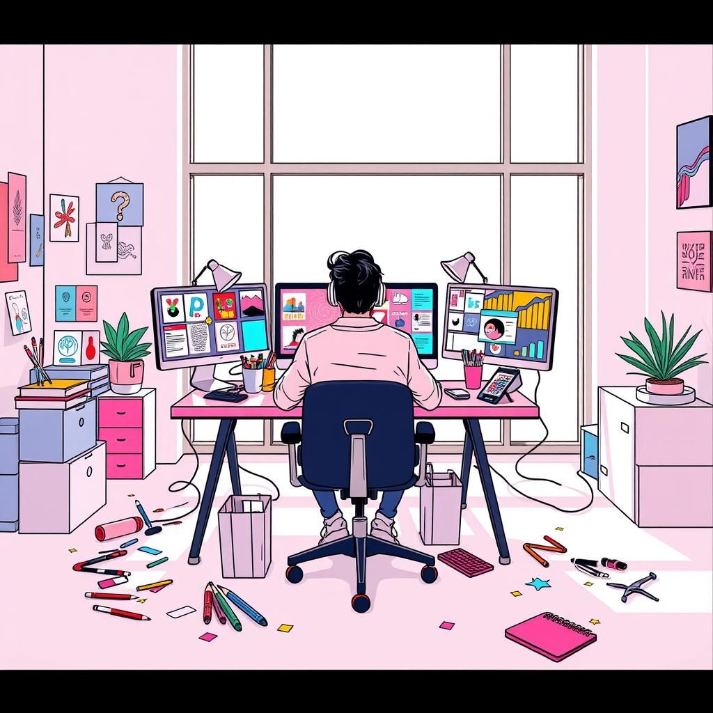 Graphic Designer's Colorful Workspace in Playful Style