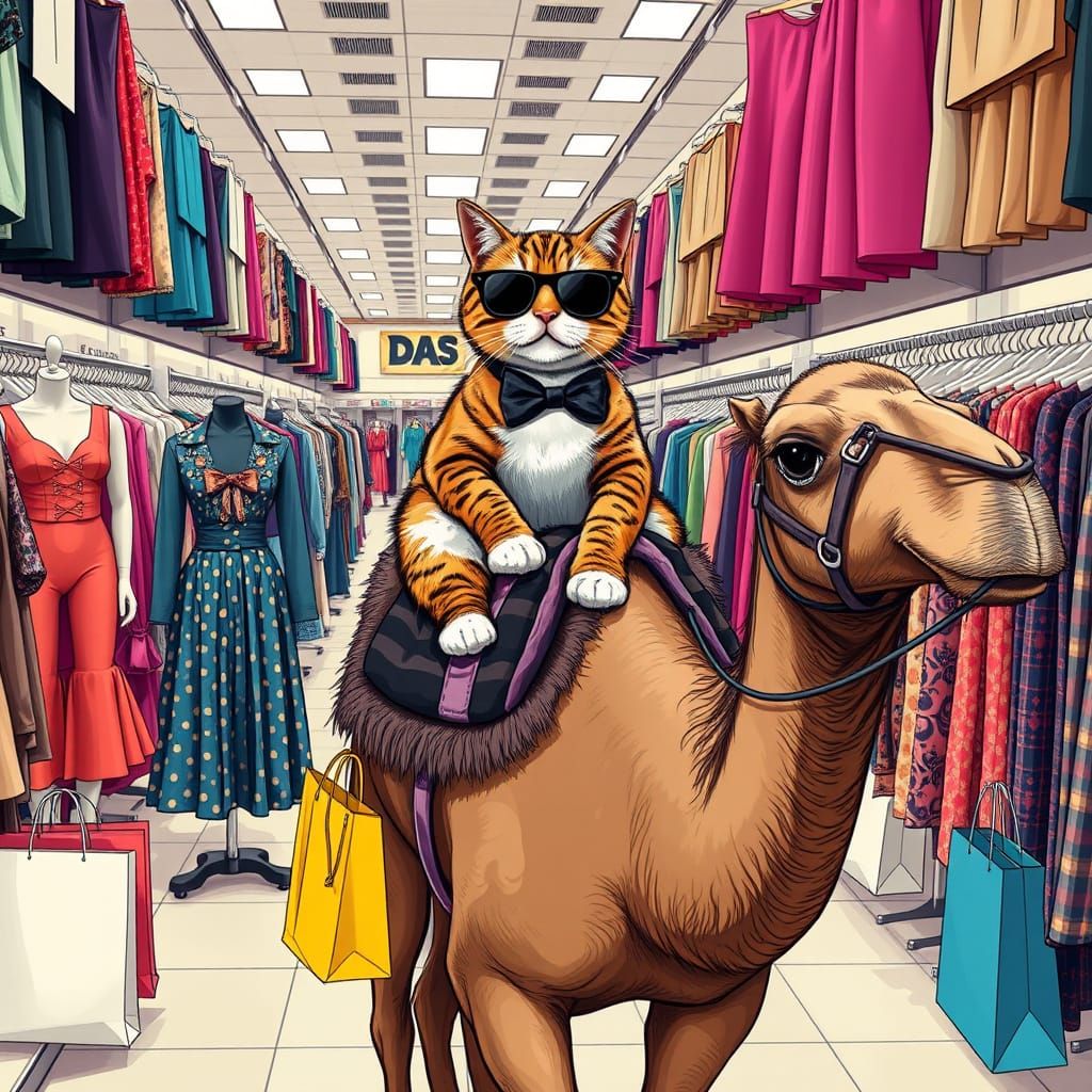 Cat Rides Camel Shopping, in Surrealist Style