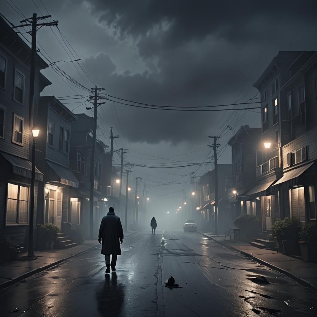Eerie Dark Neighborhood with Figure: Atmospheric Digital Art