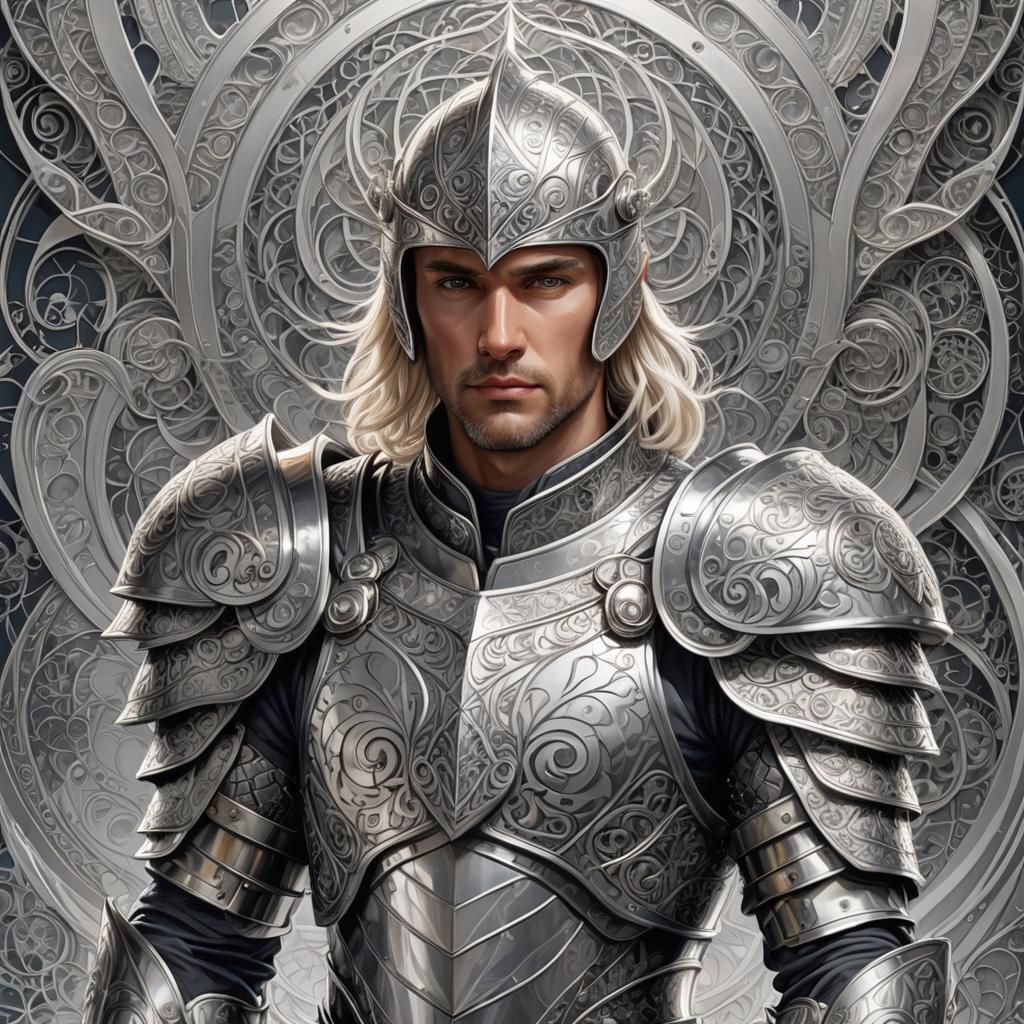 Paladin in Silver Armor with Fractal Designs