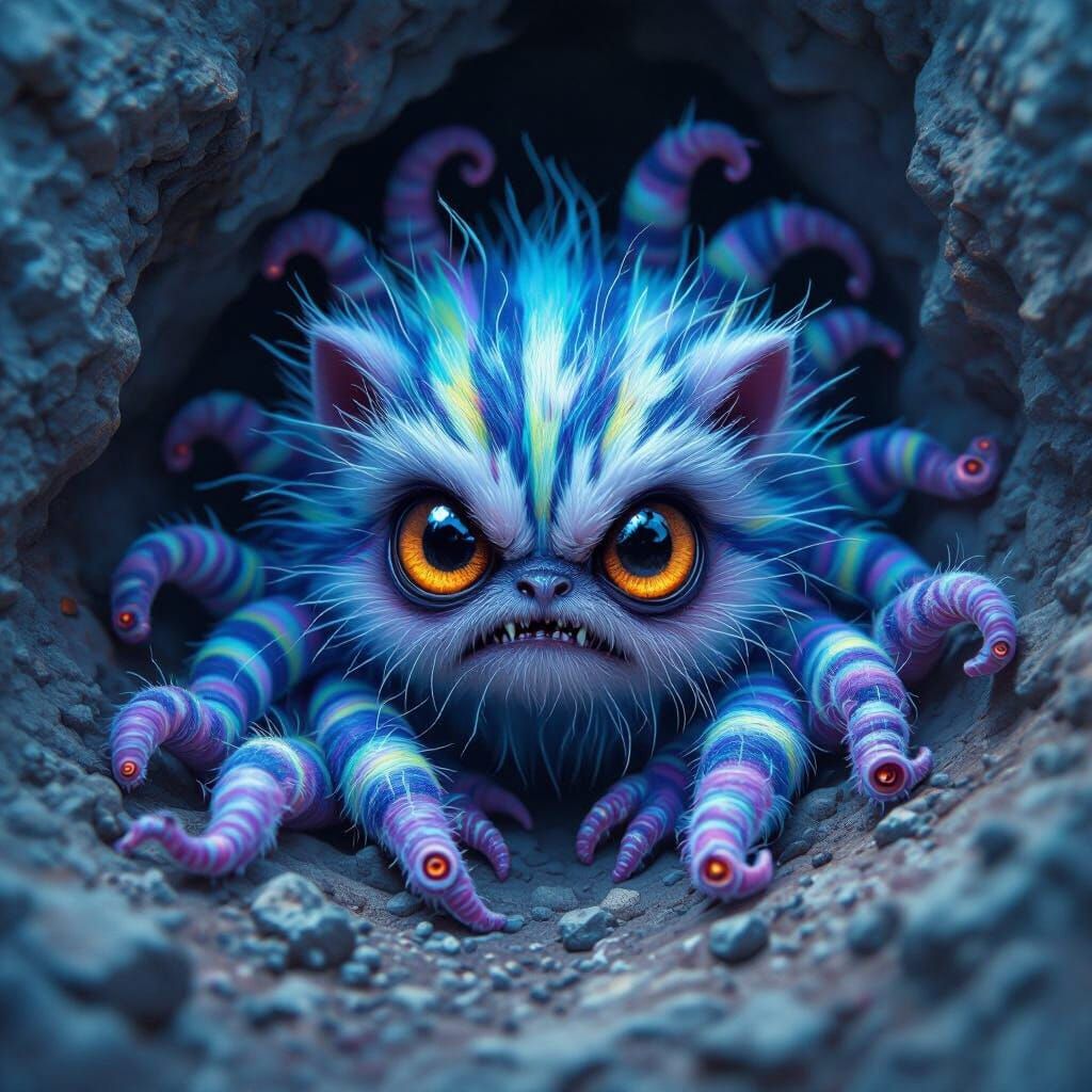 Tiny Fluffy Creature With Neon Stripes and Tentacles