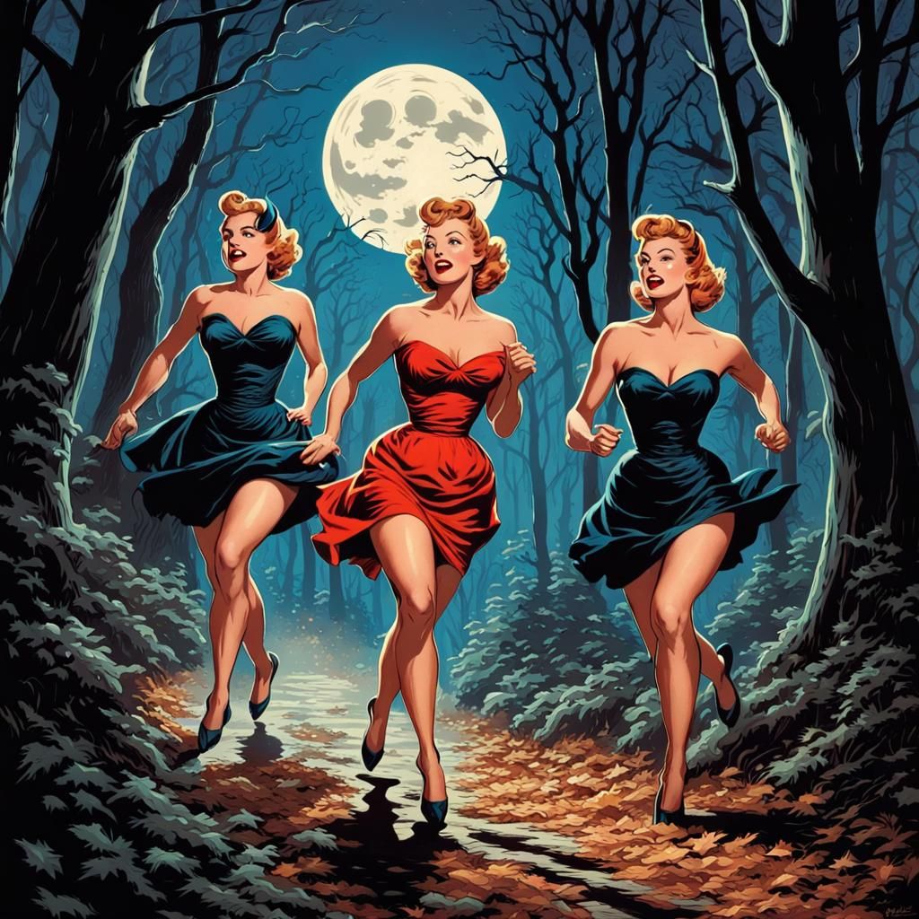 1950s Halloween Pinup Girls in Moonlit Comic Art