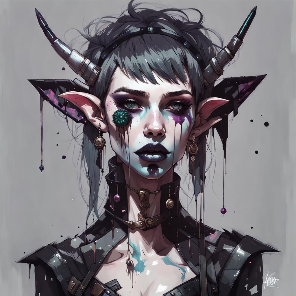 Cyberpunk Goth Elf Portrait in Digital Art Style