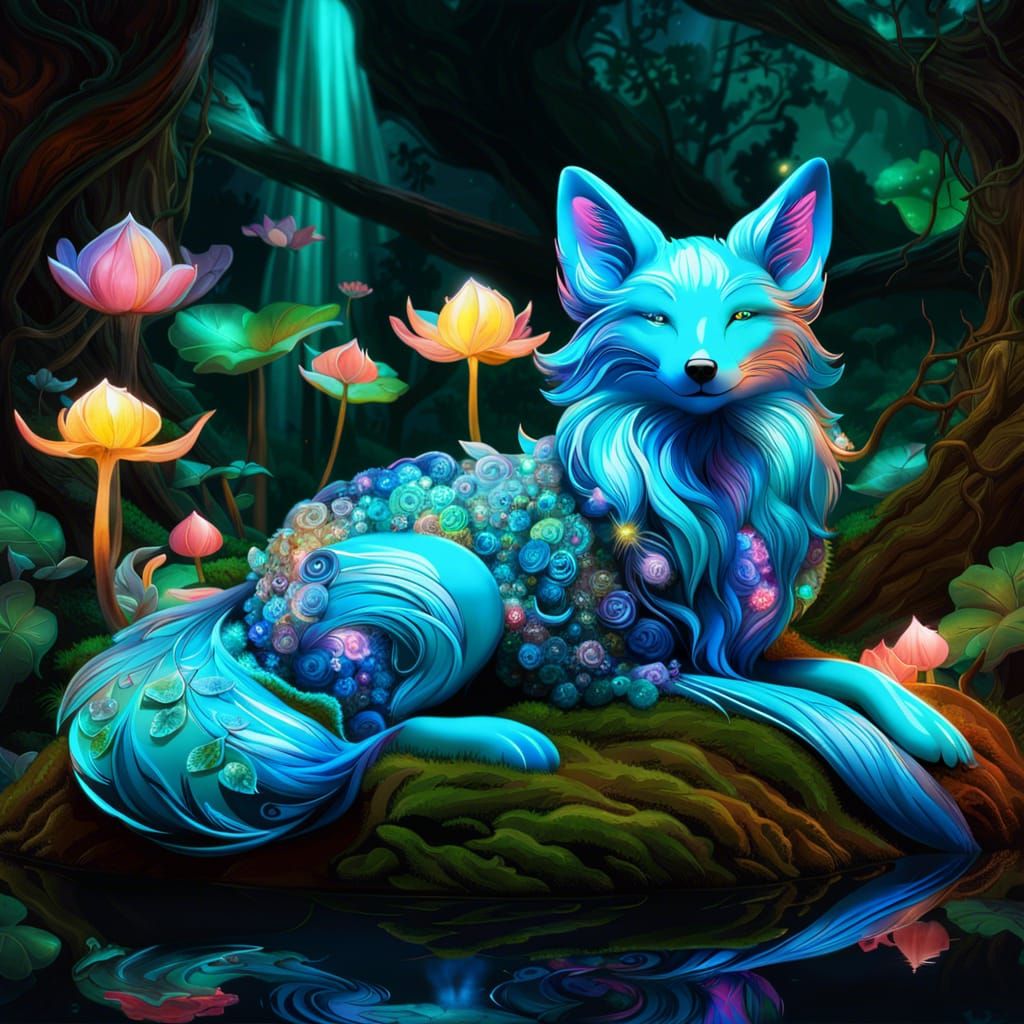 Bioluminescent Fox Asleep in Magical Forest