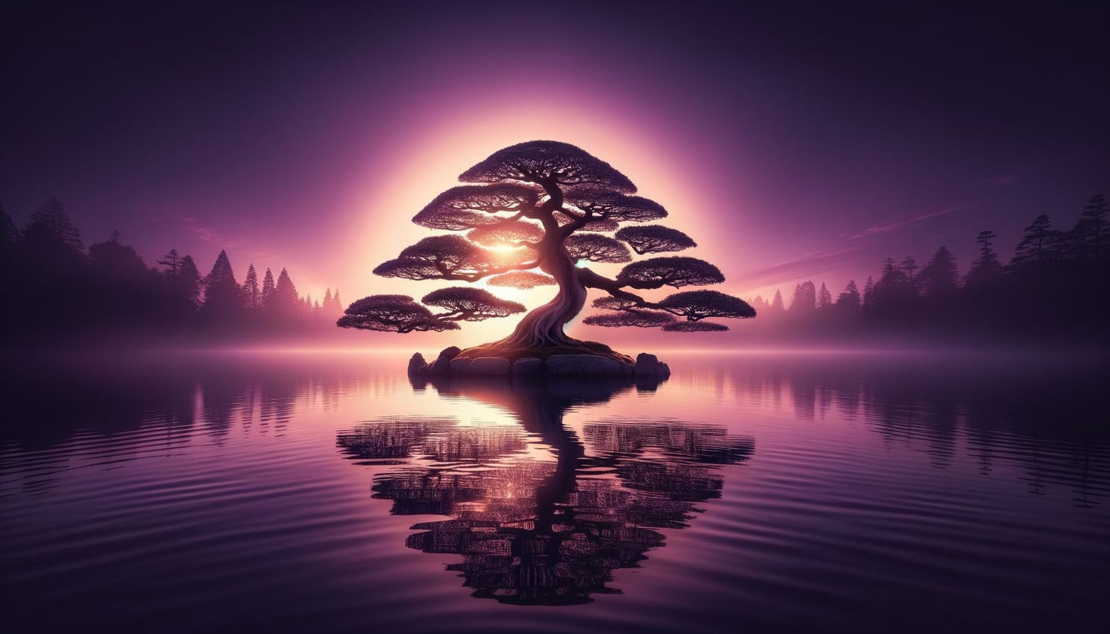 Purple Sunset Serenity: Bonsai Tree on Lake