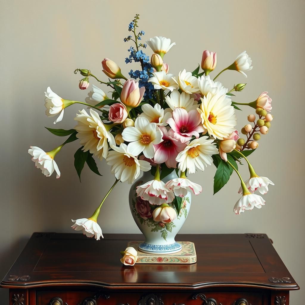 Impressionistic Floral Arrangement on Antique Desk