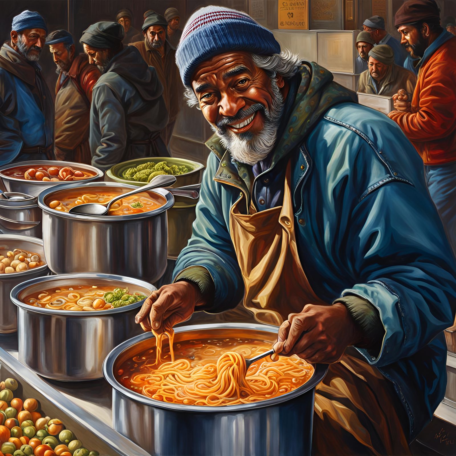 Hyperrealistic Homeless Man's Genuine Smile at Soup Kitchen