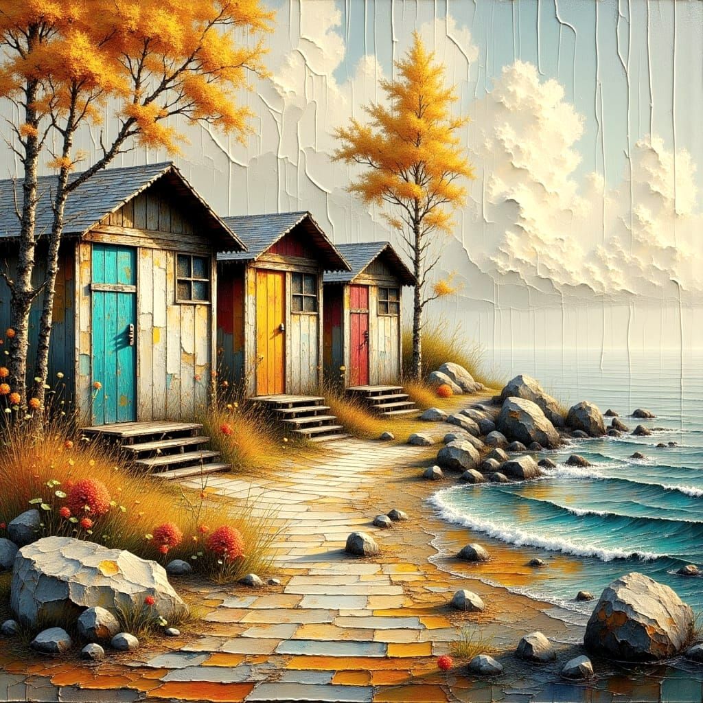 Vibrant Beach Huts Amidst Autumnal Rustic Charm in a Coastal...