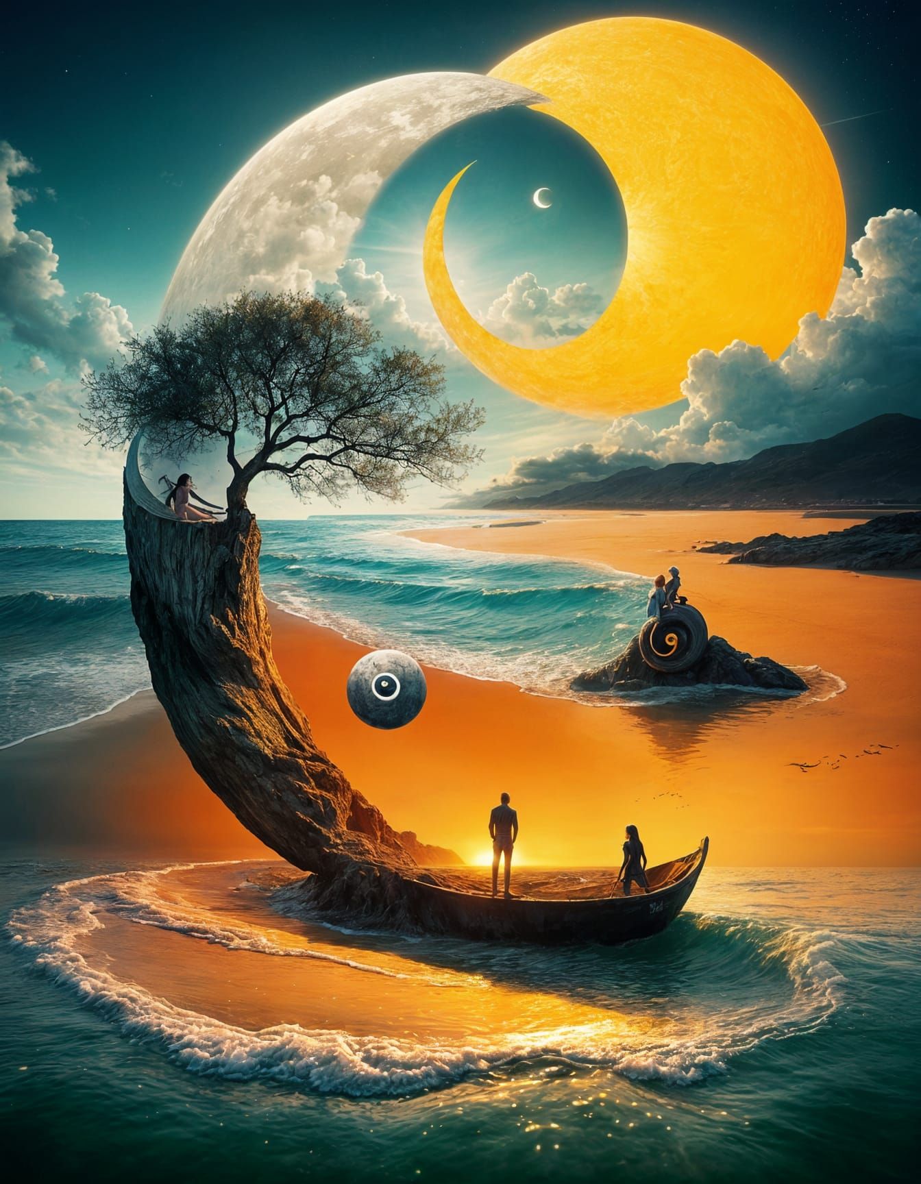 Surreal Yin Yang Sun and Moon at Sunset