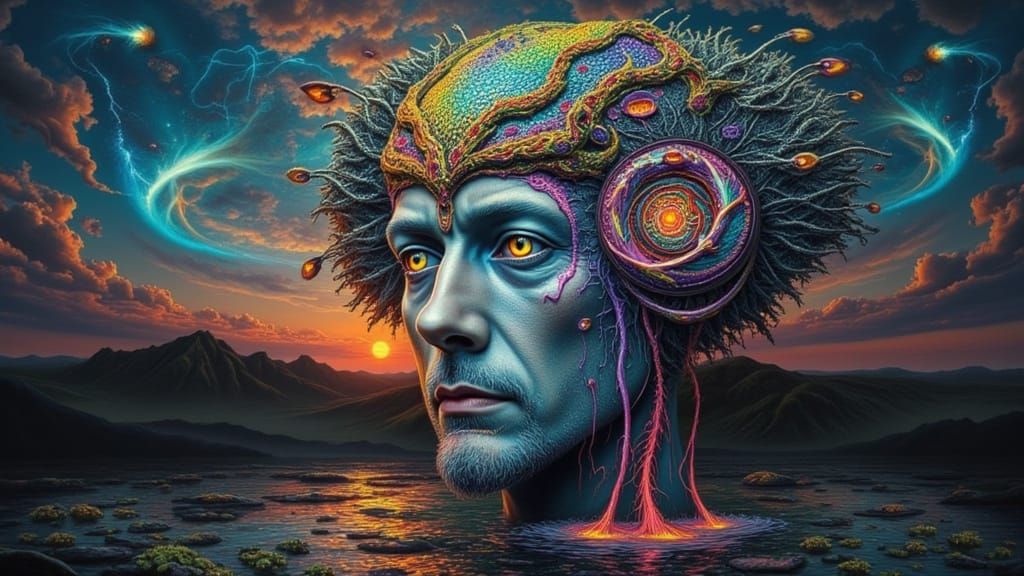 Fractal-Faced Man with Rainbow Lightning, Cinematic Style
