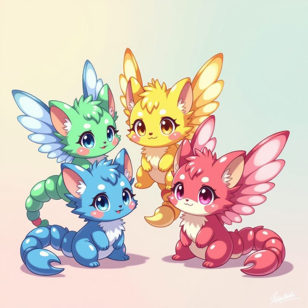 Three Cute Fantasy Creatures with Wings and Scorpion Tails