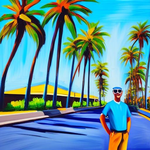 Man in Summer Streetwear, Captured in Vibrant Oil Painting S...