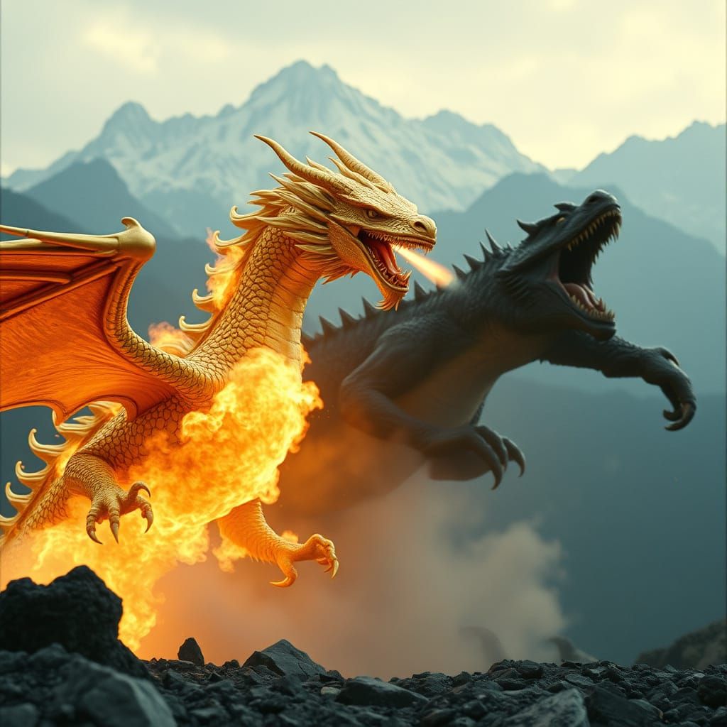 Epic Gold Dragon Battles Rampaging Monster in Cinematic Film...