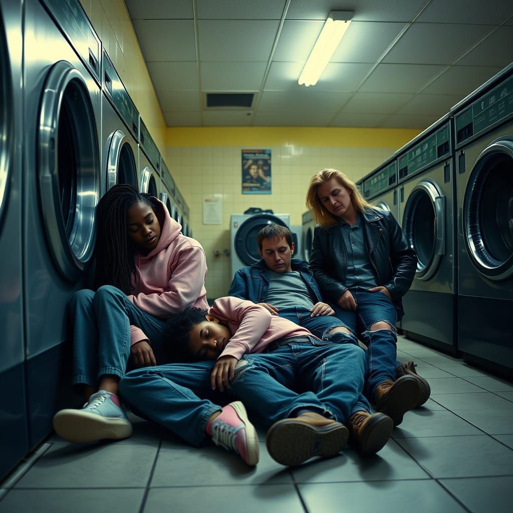 Sleeping Quartet in a Brightly Lit Laundromat at 3 AM