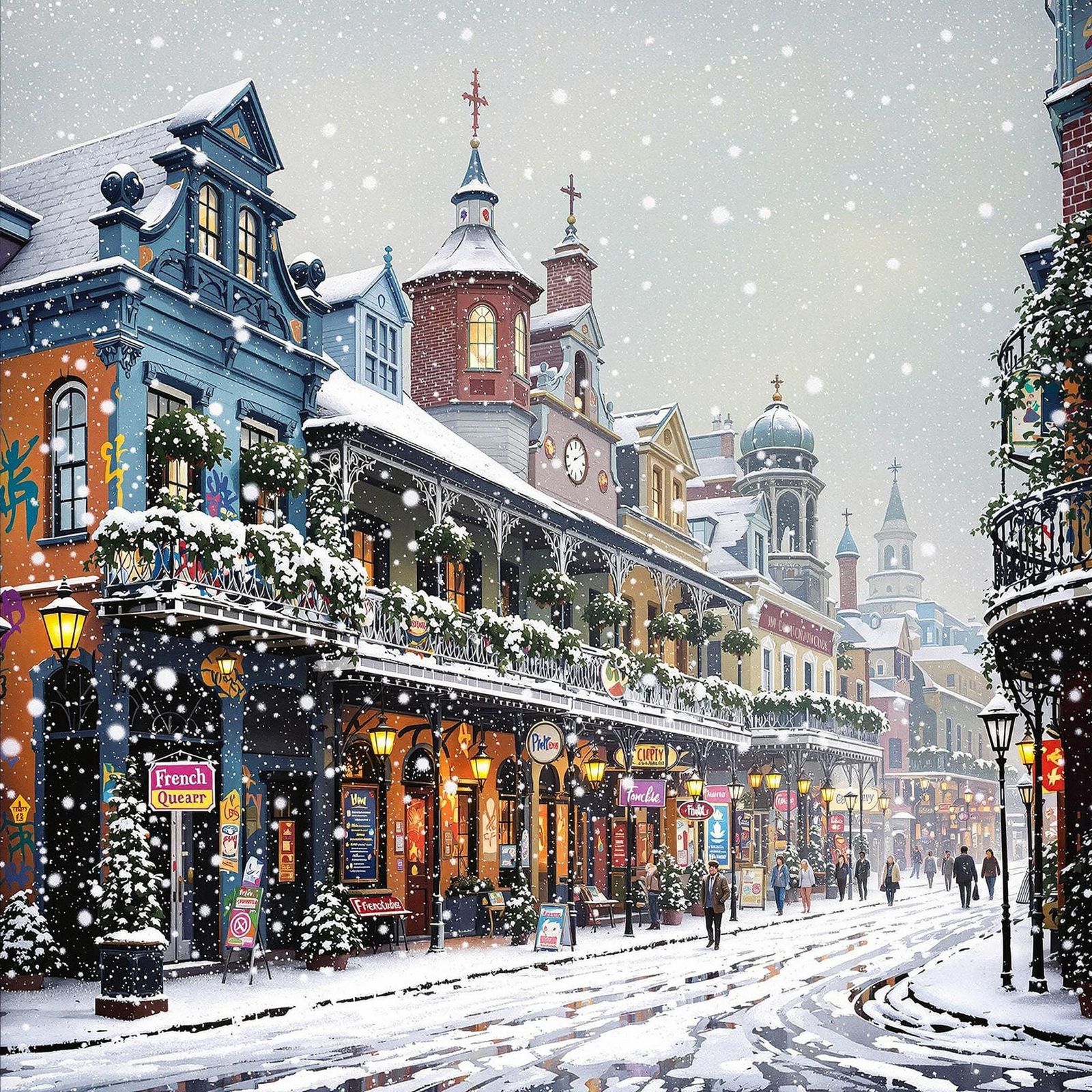 Snowy French Quarter in Vibrant Street Art Style