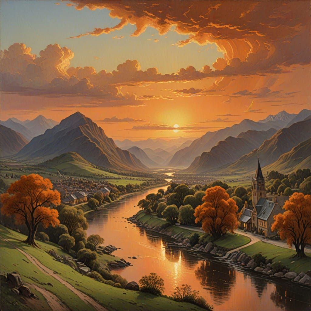 Victorian City by River at Sunset: Oil Painting