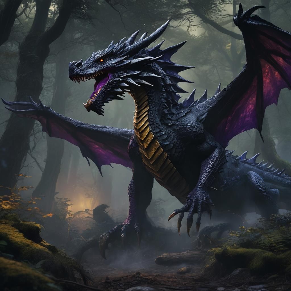 Fierce Black Dragon Roars in Mystical Forest