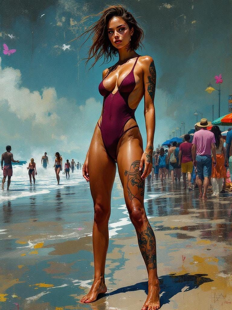 Edgy Woman on Boardwalk in Expressionist Style