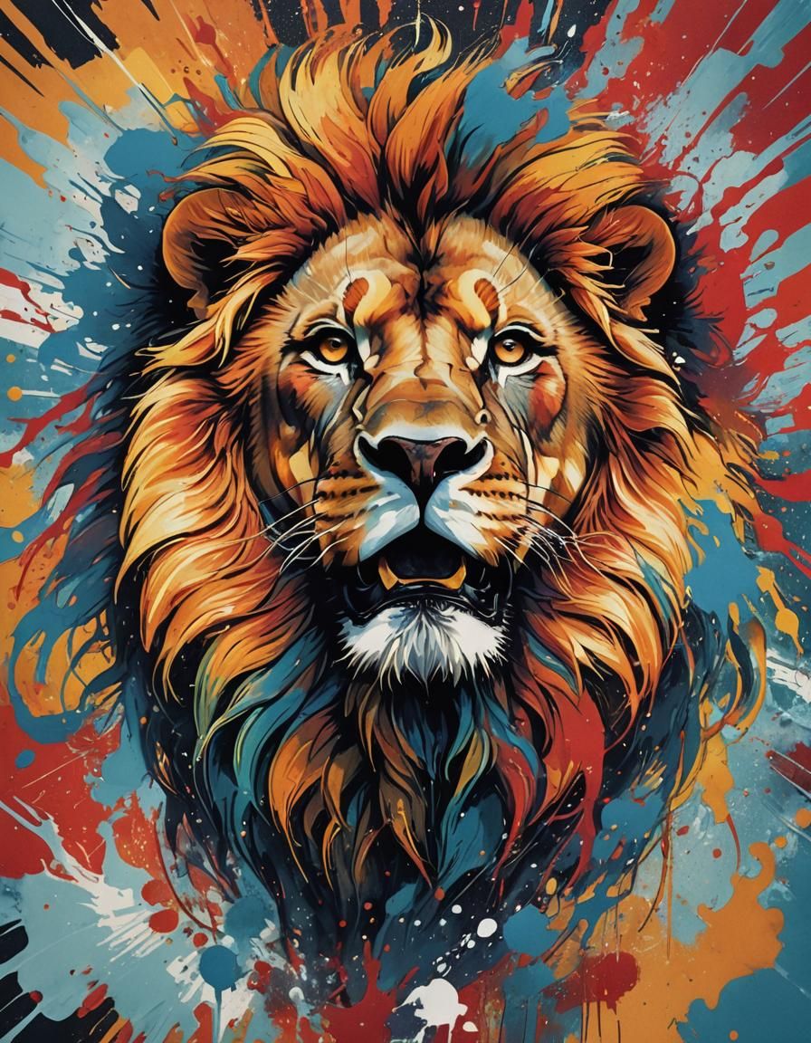 Colorful Lion Portrait in Dada Art Style