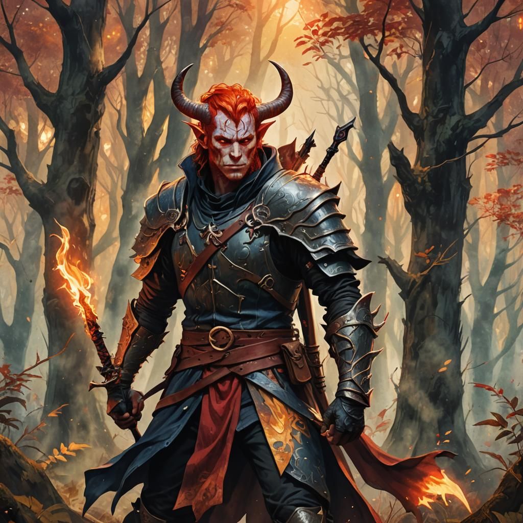 Tiefling Sorcerer in Mystical Forest, Watercolor Style