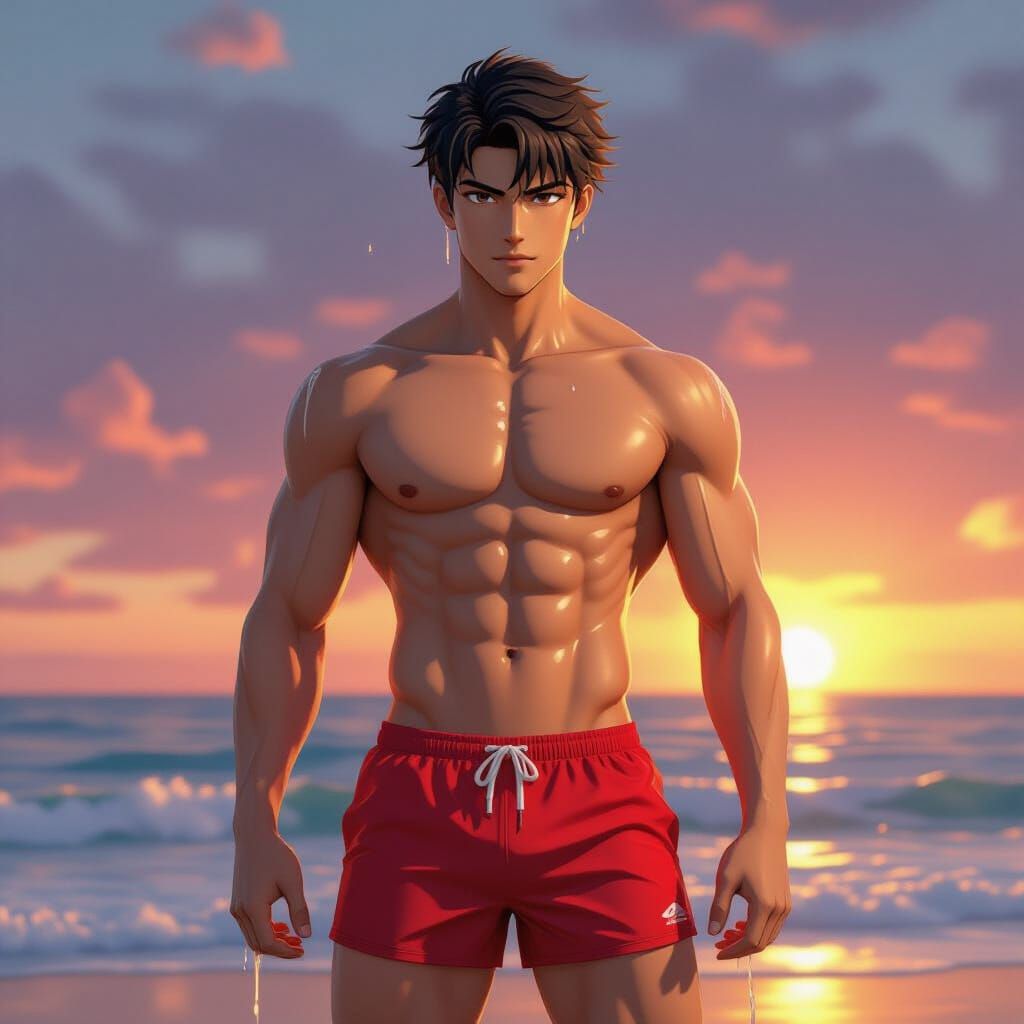 Anime Lifeguard at Sunset in Pierrot Style