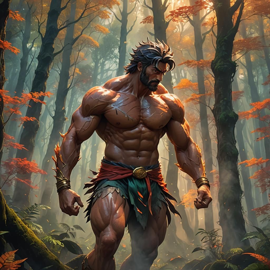 Heroic Anime Man in Sacred Forest, 3D Render