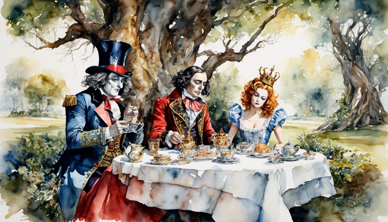 Lewis Carroll and Queen of Hearts in Wonderland