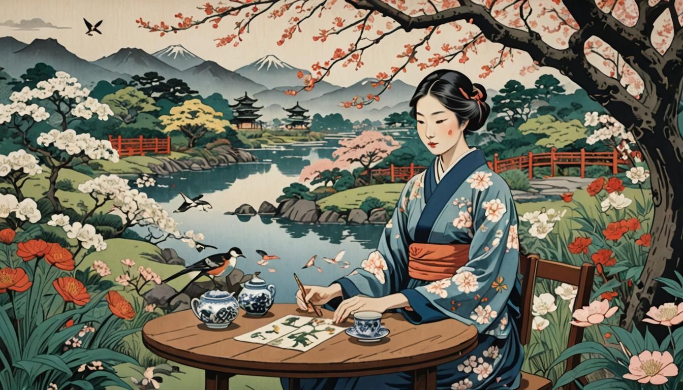 Peaceful Garden Scene in Ukiyo-e Style
