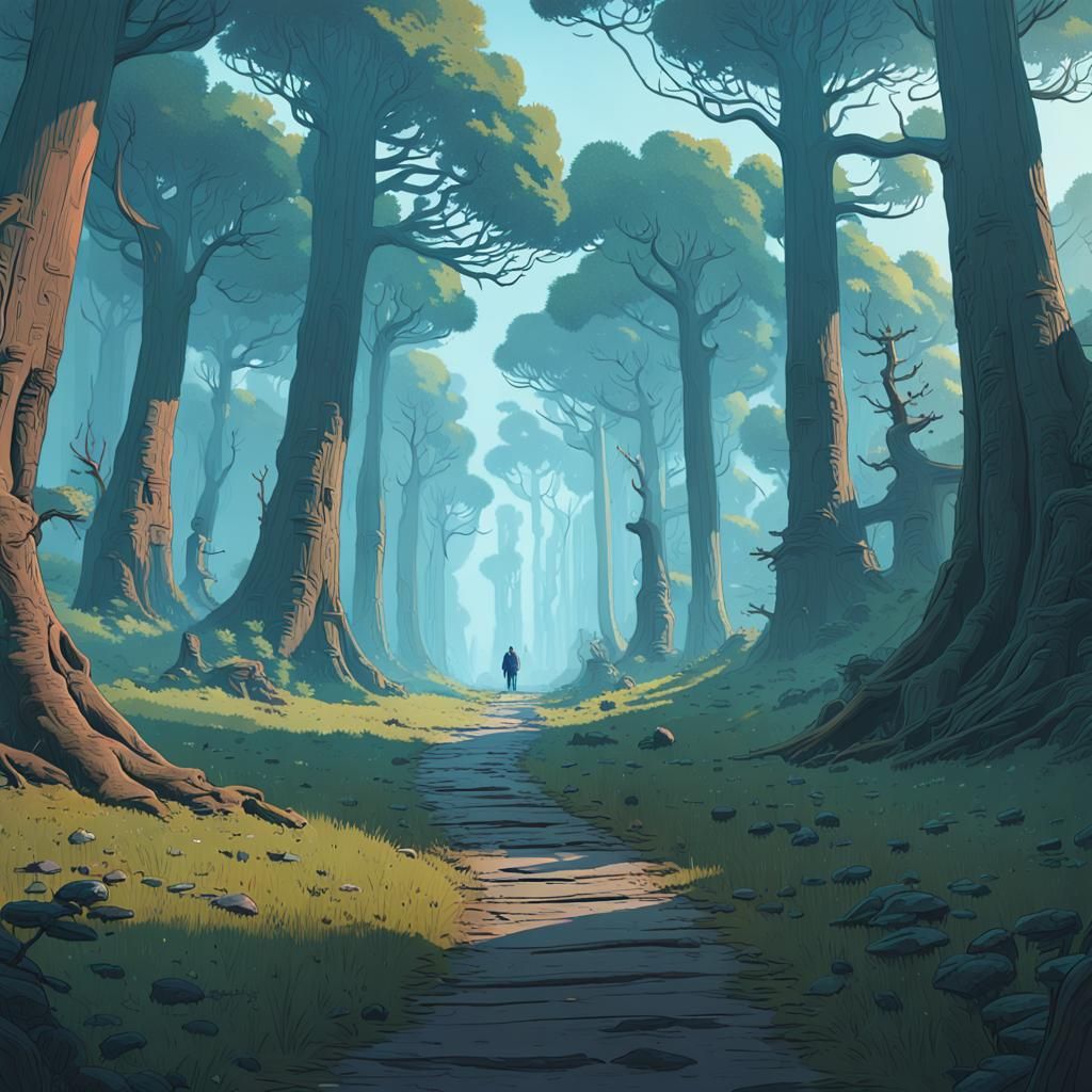 Winding Path Through Ancient Forest in Fantasy Style