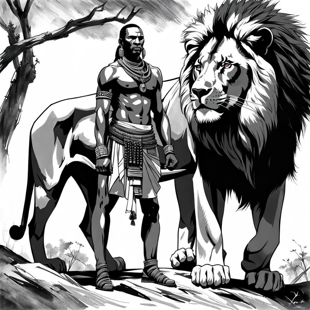 Maasai Warrior and Lion: Pencil Sketch
