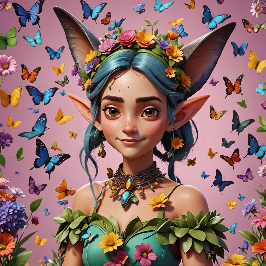 Luzy with Elf Ears and Floral Hair, 3D Digital Art