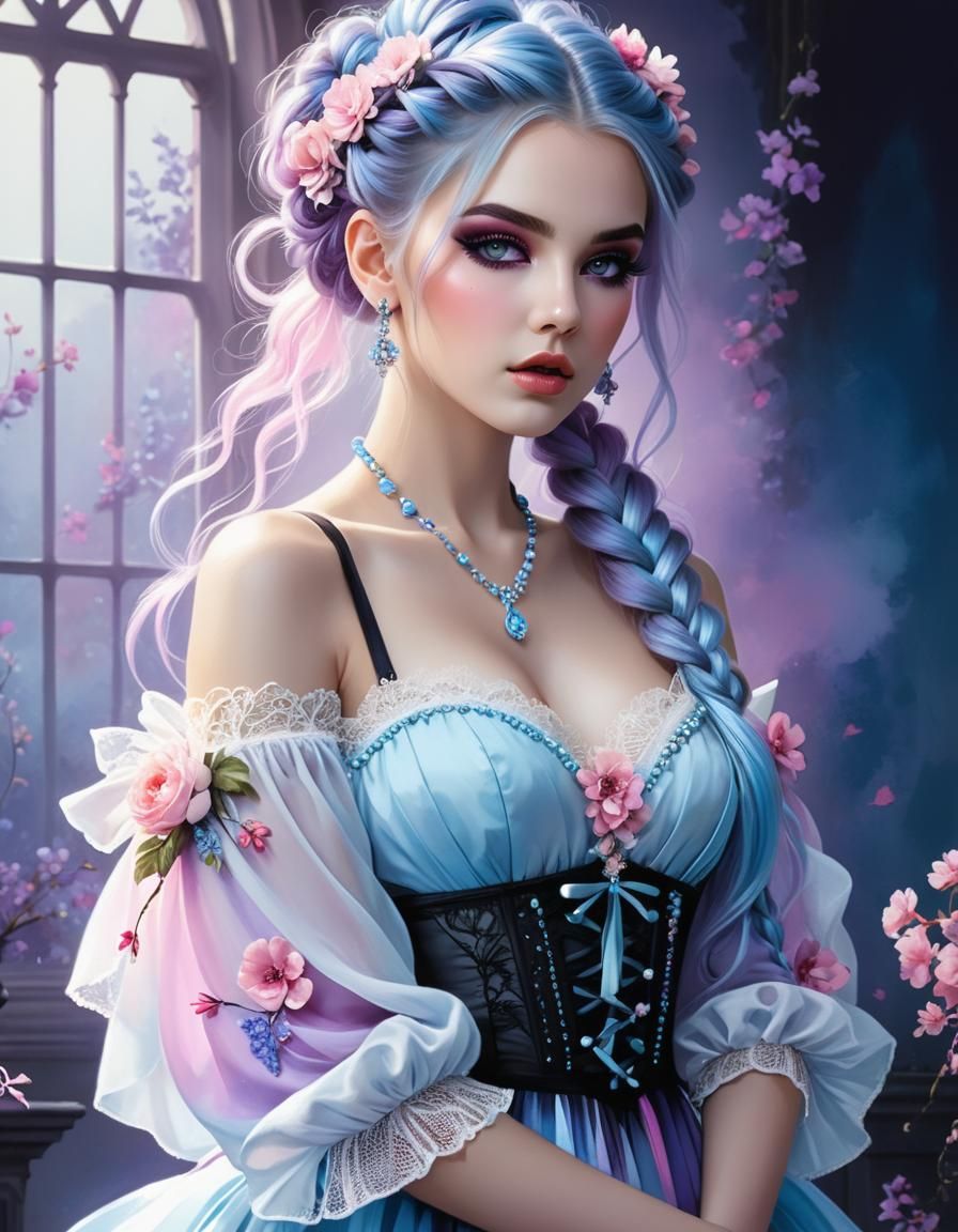 Pastel Gothic Woman in Luminous Digital Illustration
