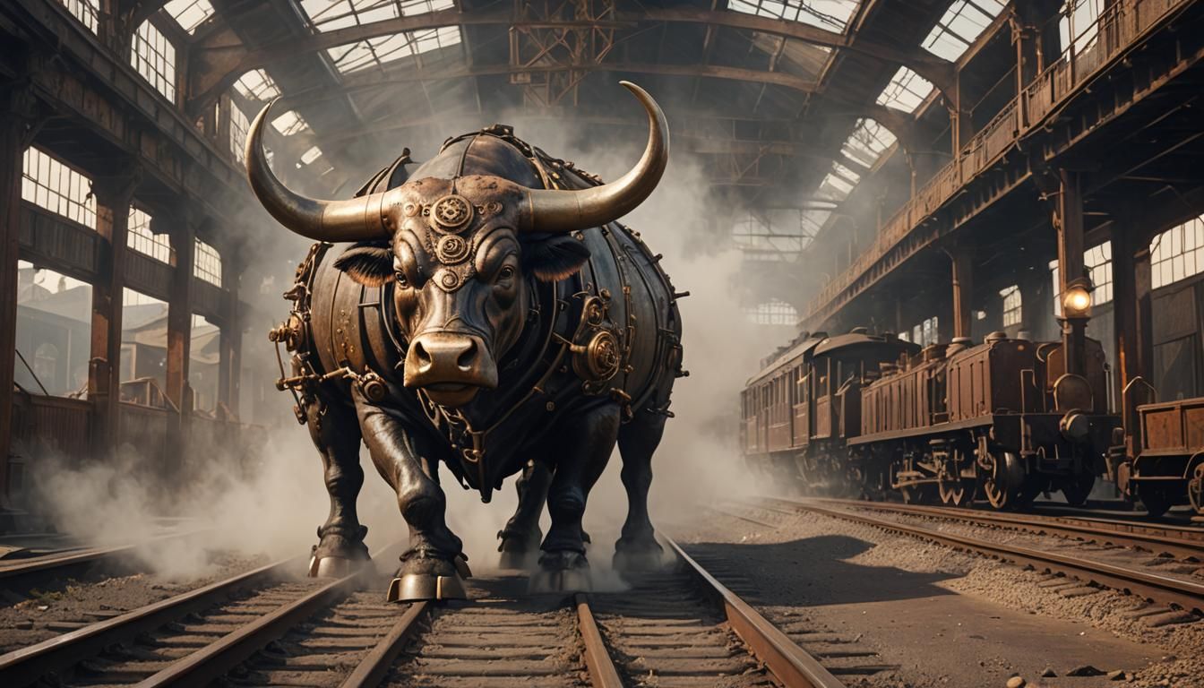 Steampunk Bull-Train Hybrid in Abandoned Station