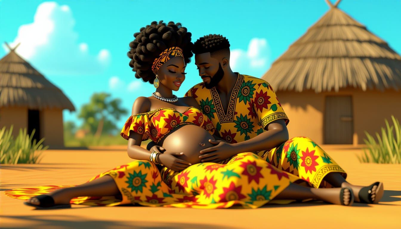 African Couple Resting Outside Hut in Realistic Animated Sty...