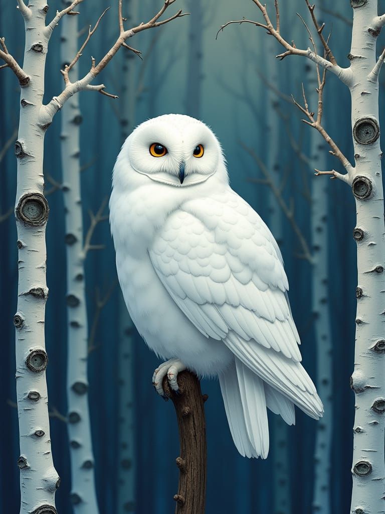 White Owl in Birch Forest: Fantasy Ink Illustration