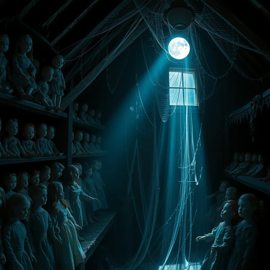 Eerie Doll Collection in Moonlight: Cinematic Digital Art
